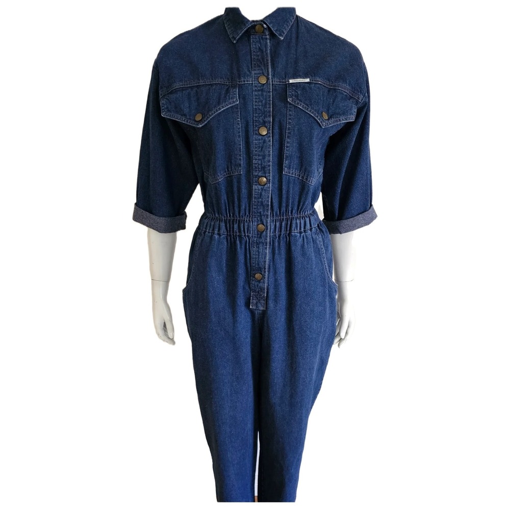 Vintage Dreams Denim Jumpsuit Womens M Blue Cotton Elastic Waist 3/4 sleeve 80's
